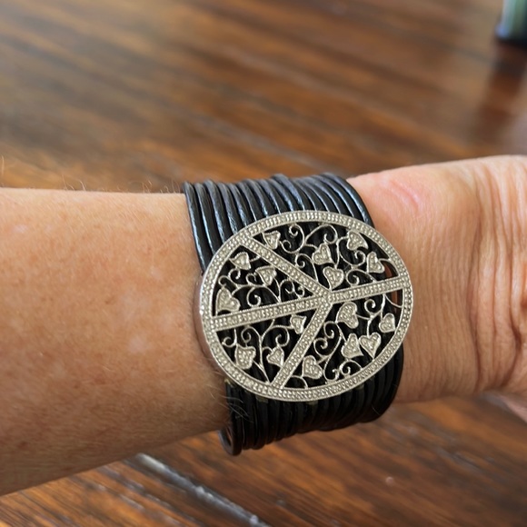 Multi Strand Leather, Sterling and Pave Diamond Peace Sign Bracelet - Picture 2 of 6